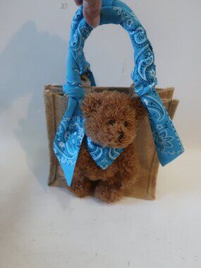 NWT Womens Regina Straw Tote Mini Tote Bag W/Teddy Bear Turq Bandana